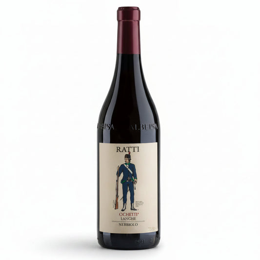 Wine bottle with a label featuring a person in a top hat and coat on a white background