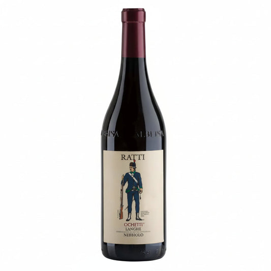 Wine bottle with a label featuring a person in a top hat and coat on a white background