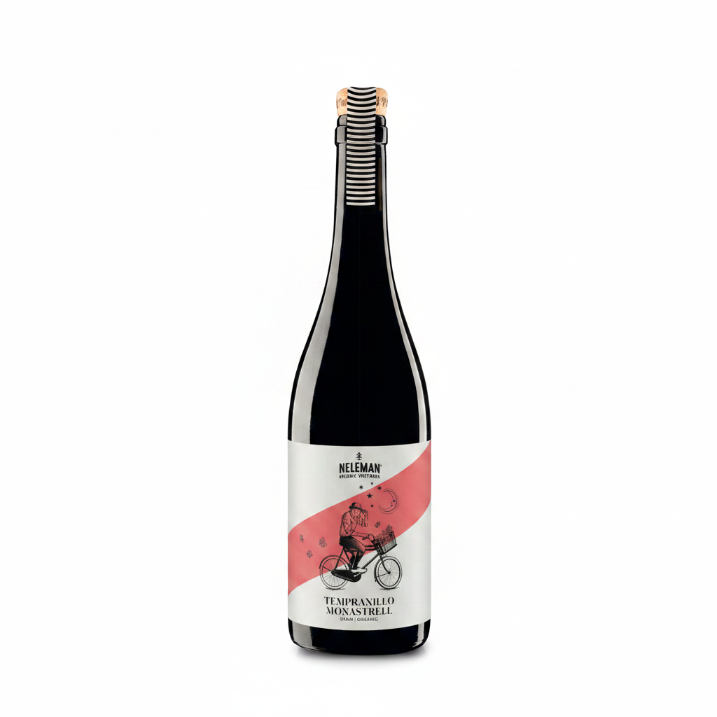 A bottle of Neleman Tempranillo Monastrell red wine with a white and pink label, set against a solid pink background.