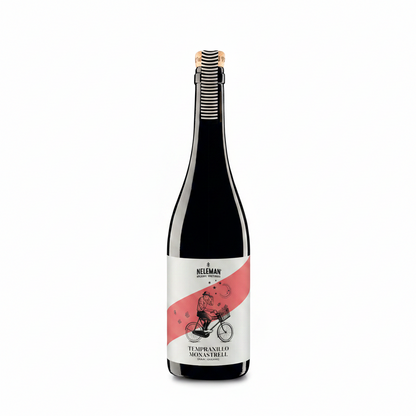 A bottle of Neleman Tempranillo Monastrell red wine with a white and pink label, set against a solid pink background.