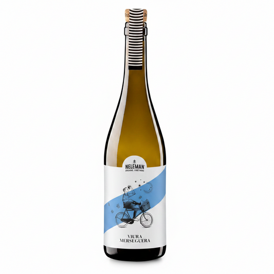 A bottle of Neleman Viura Merseguera white wine, featuring a white label with a blue diagonal stripe and a black bicycle illustration, set against a solid pale yellow background.
