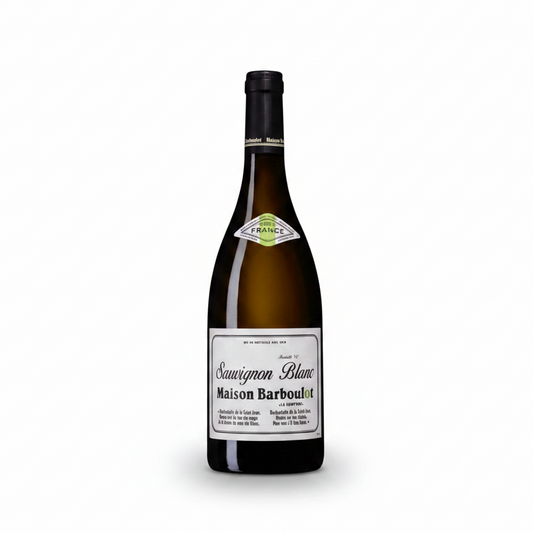A bottle of Maison Barboulot Savignon Blanc white wine, featuring a dark glass bottle with a black capsule and a white label, set against a plain off-white background.