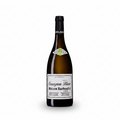 A bottle of Maison Barboulot Savignon Blanc white wine, featuring a dark glass bottle with a black capsule and a white label, set against a plain off-white background.