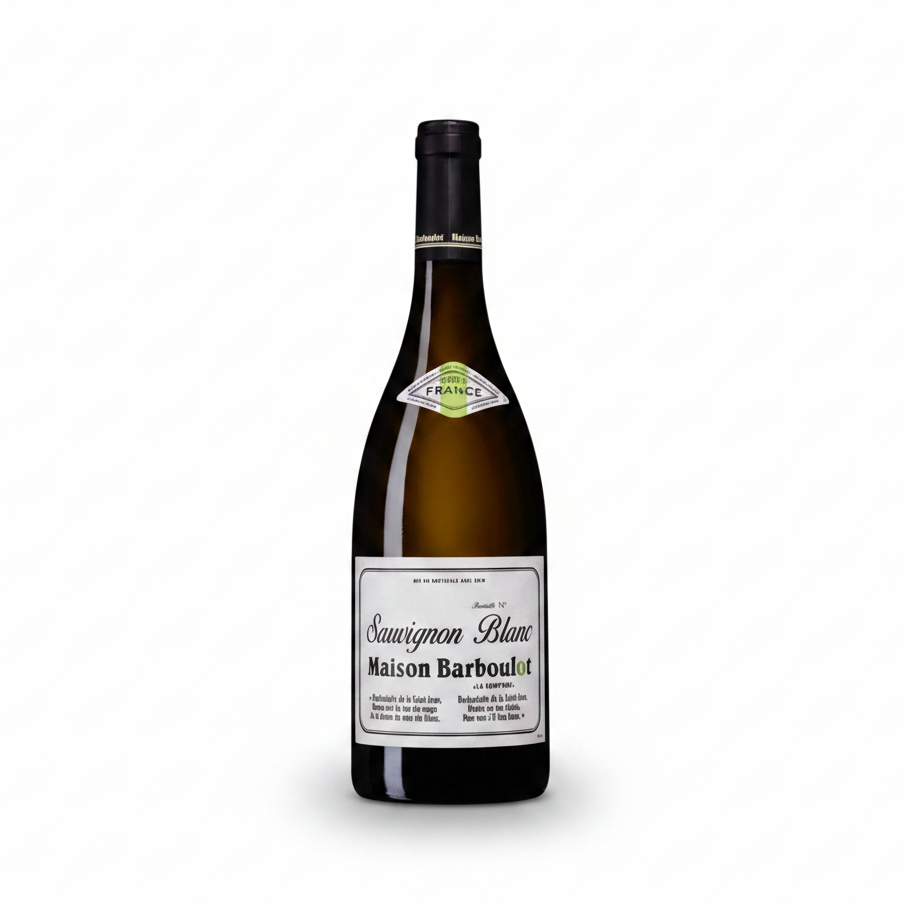 A bottle of Maison Barboulot Savignon Blanc white wine, featuring a dark glass bottle with a black capsule and a white label, set against a plain off-white background.