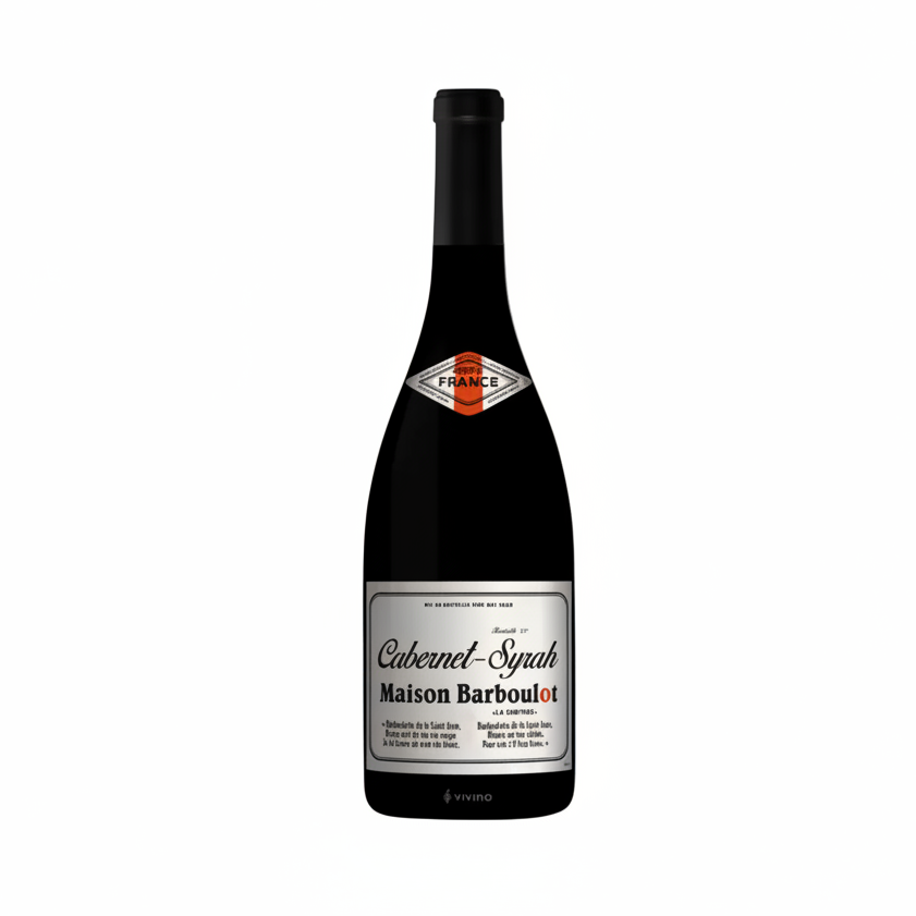 A bottle of Maison Barboulot Cabernet-Syrah red wine, featuring a black glass bottle with a black cap, a diamond-shaped orange and black 'FRANCE' label, and a white vintage-style label at the bottom.