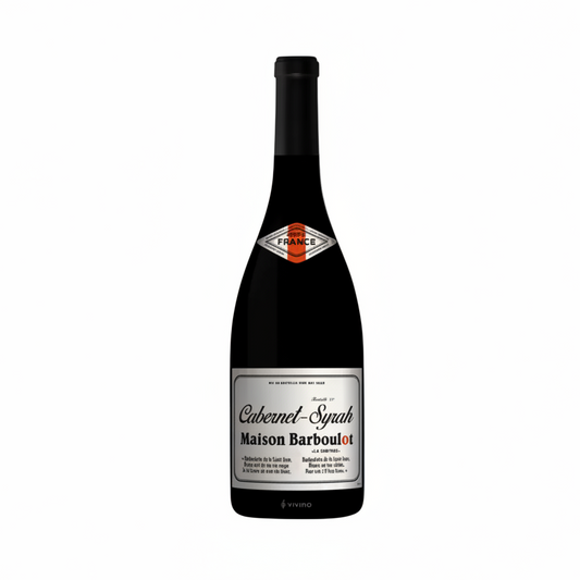 A bottle of Maison Barboulot Cabernet-Syrah red wine, featuring a black glass bottle with a black cap, a diamond-shaped orange and black 'FRANCE' label, and a white vintage-style label at the bottom.