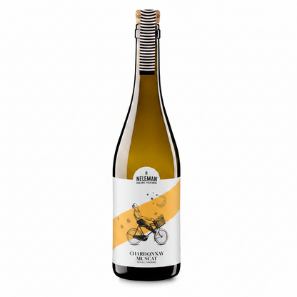 A bottle of Heleman Chardonnay Muscat white wine with a white and yellow label, set against a solid light blue background.