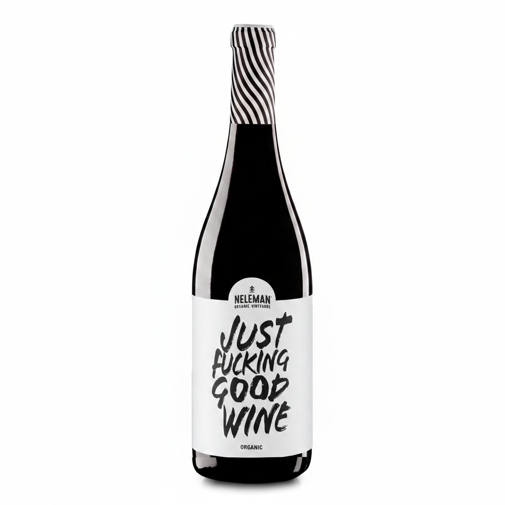 A bottle of Neleman Organic Red Wine with a bold white label reading 'JUST FUCKING GOOD WINE' in black lettering, topped with a black and white striped foil, set against a solid peach background.