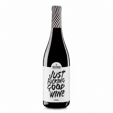 A bottle of Neleman Organic Red Wine with a bold white label reading 'JUST FUCKING GOOD WINE' in black lettering, topped with a black and white striped foil, set against a solid peach background.