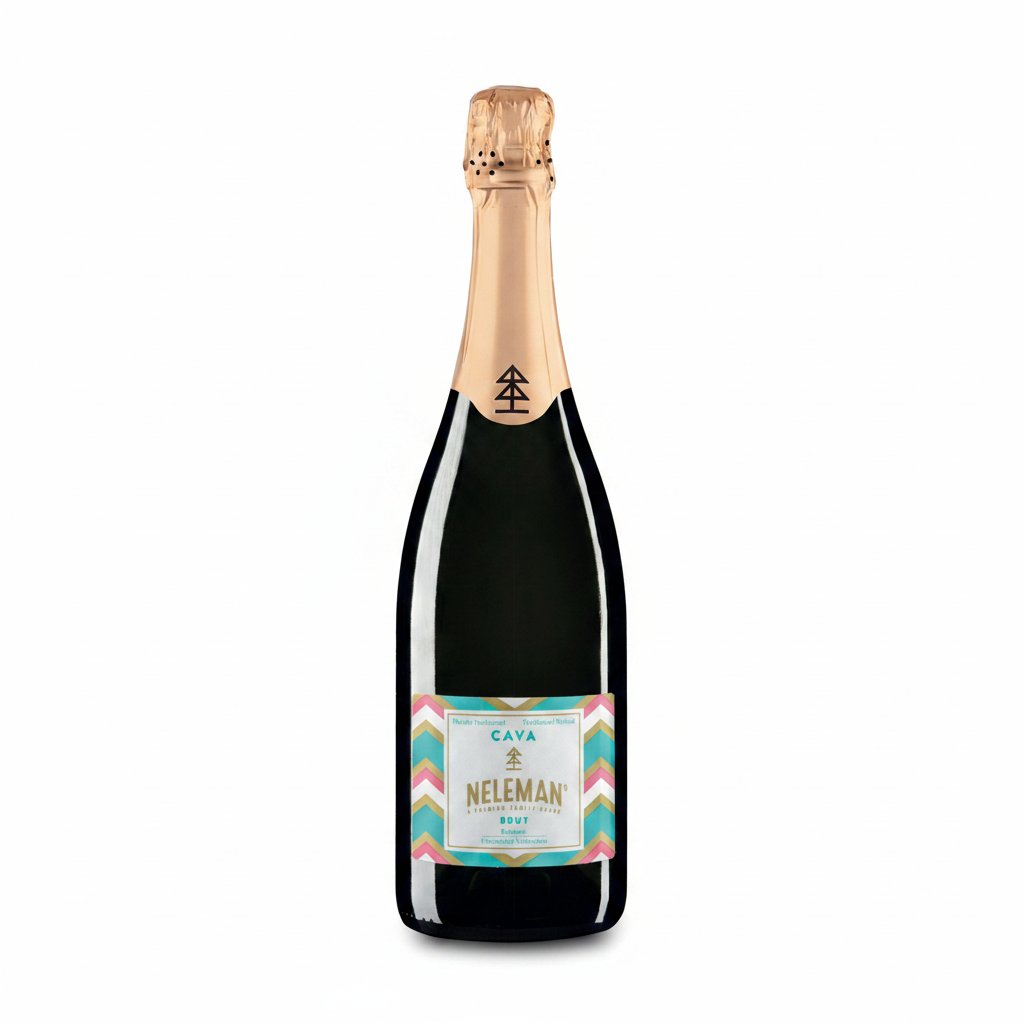 A bottle of Cava Neleman sparkling wine with a dark glass body, gold foil, and a colorful label, set against a solid pink background.