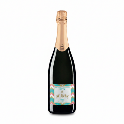 A bottle of Cava Neleman sparkling wine with a dark glass body, gold foil, and a colorful label, set against a solid pink background.