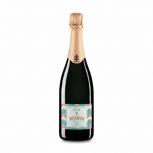 A bottle of Cava Neleman sparkling wine with a dark glass body, gold foil, and a colorful label, set against a solid pink background.