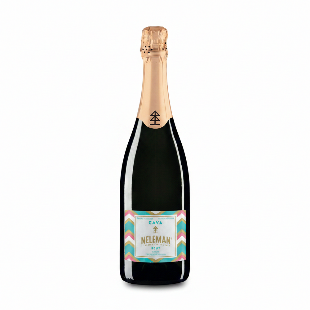 A bottle of Cava Neleman sparkling wine with a dark glass body, gold foil, and a colorful label, set against a solid pink background.