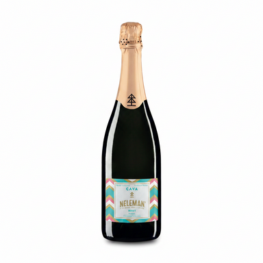 A bottle of Cava Neleman sparkling wine with a dark glass body, gold foil, and a colorful label, set against a solid pink background.