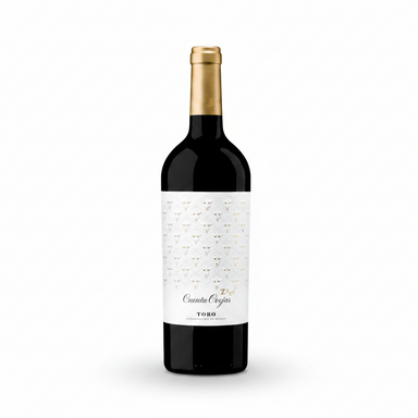 A bottle of Counta Orgas Toro red wine, featuring a white label with a delicate gold trellis pattern and a gold foil-wrapped neck, set against a solid dark teal background.