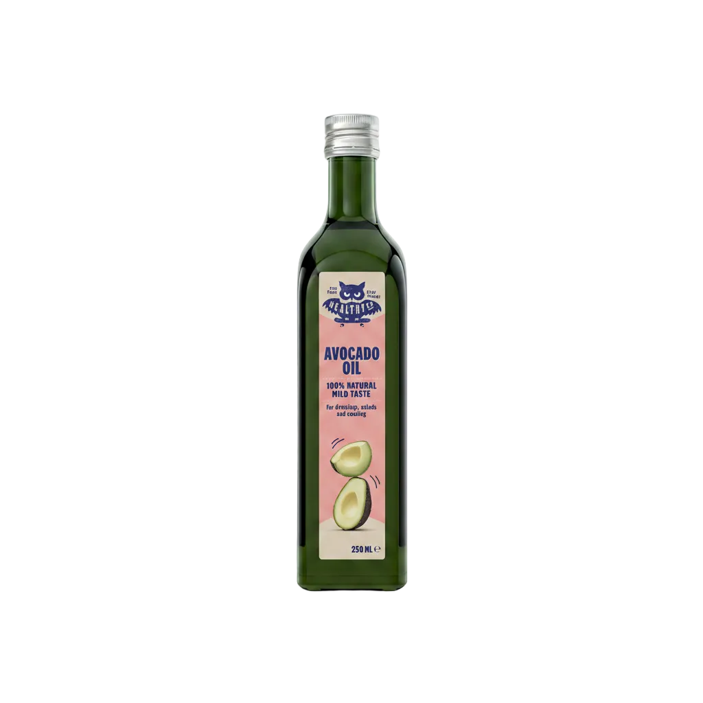 A 250 ml bottle of Meerkats Avocado Oil on a white background. The bottle is dark green glass with a silver metal cap and a pink label featuring a blue Meerkats logo and illustrations of avocados.