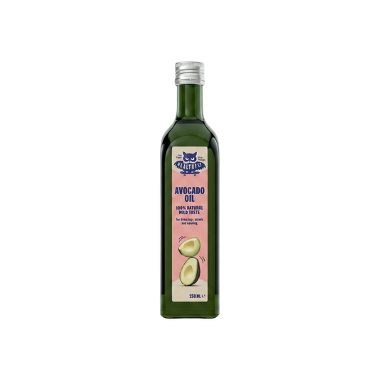 A 250 ml bottle of Meerkats Avocado Oil on a white background. The bottle is dark green glass with a silver metal cap and a pink label featuring a blue Meerkats logo and illustrations of avocados.