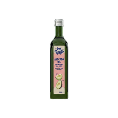 A 250 ml bottle of Meerkats Avocado Oil on a white background. The bottle is dark green glass with a silver metal cap and a pink label featuring a blue Meerkats logo and illustrations of avocados.