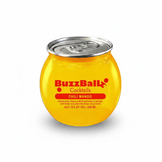 Yellow can-shaped container with 'BuzzBall Cocktails Chili Mango' label on a white background