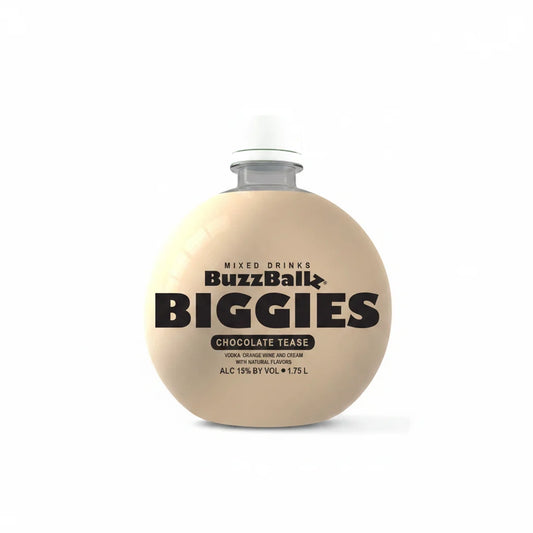 Bottle of BuzzBallz Biggies chocolate liqueur on a white background