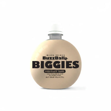 Bottle of BuzzBallz Biggies chocolate liqueur on a white background