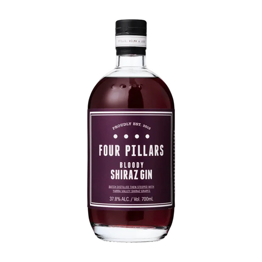 A bottle of Four Pillars Bloody Shiraz Gin with a dark burgundy liquid, a dark burgundy label with white text, and a black cap, shown on a plain white background.