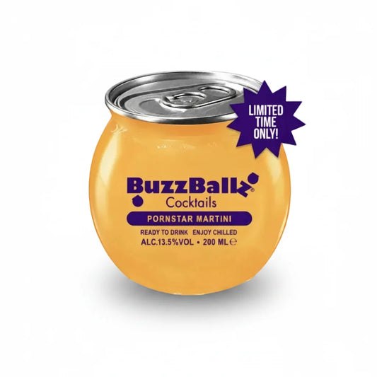 BuzzBall Cocktails Pornstar Martini in a novelty can-shaped glass with a silver pull-tab lid, shown on a white background with a purple 'Limited Time Only!' starburst badge.