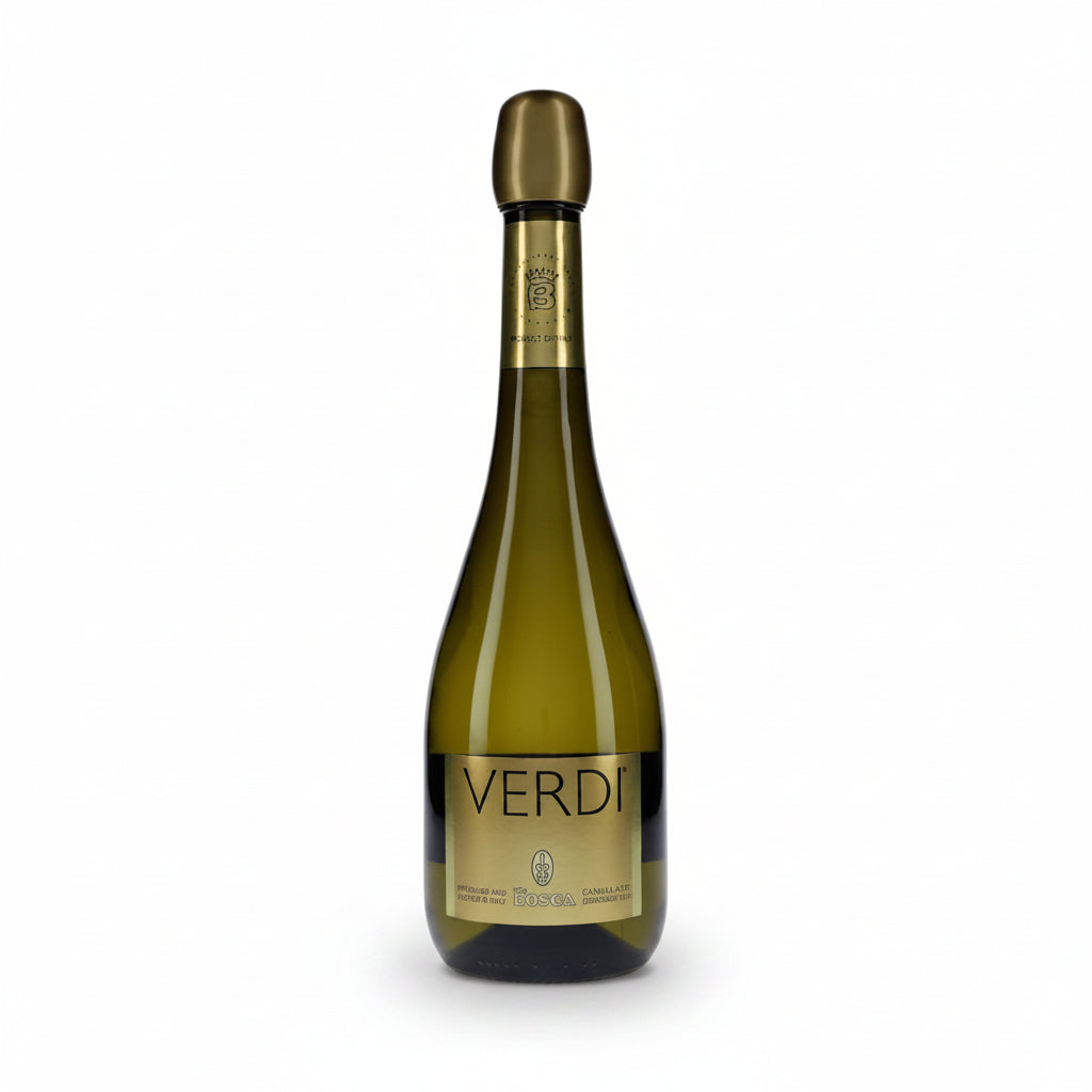A bottle of Verdi sparkling wine with a gold foil capsule and a gold label on a white background.