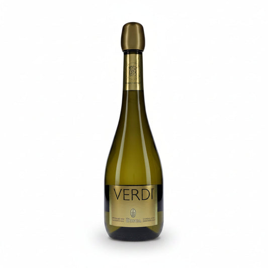 A bottle of Verdi sparkling wine with a gold foil capsule and a gold label on a white background.